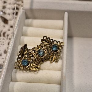 1930s Czechslovakian Blue Glass And Brass Filigree Leaf Brooch